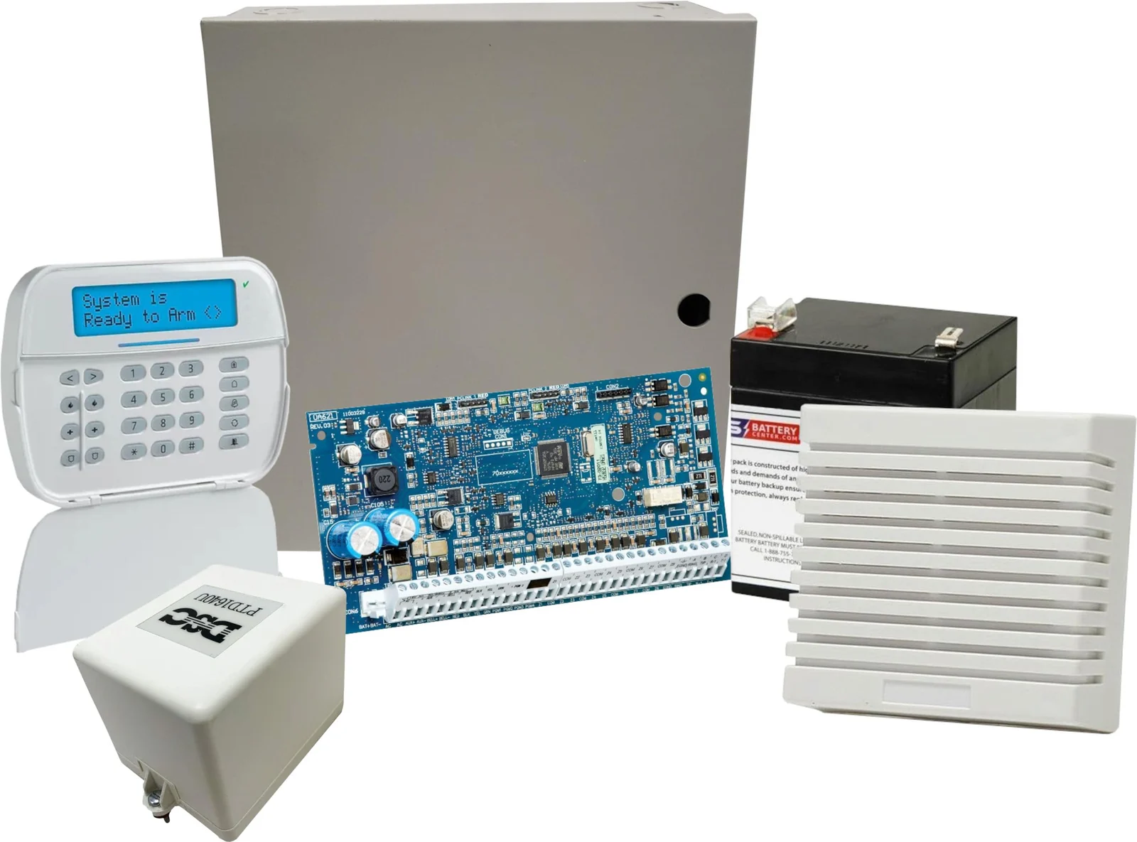 DSC alarm control panel, keypad, circuit board, battery, siren, and detector